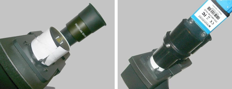 圖 3:適用於小型標準直徑(23.2 mm)的目鏡管。目鏡頭以紙捲包覆(左圖)。攝像管插入顯微鏡原有目鏡頭內(右圖)。
